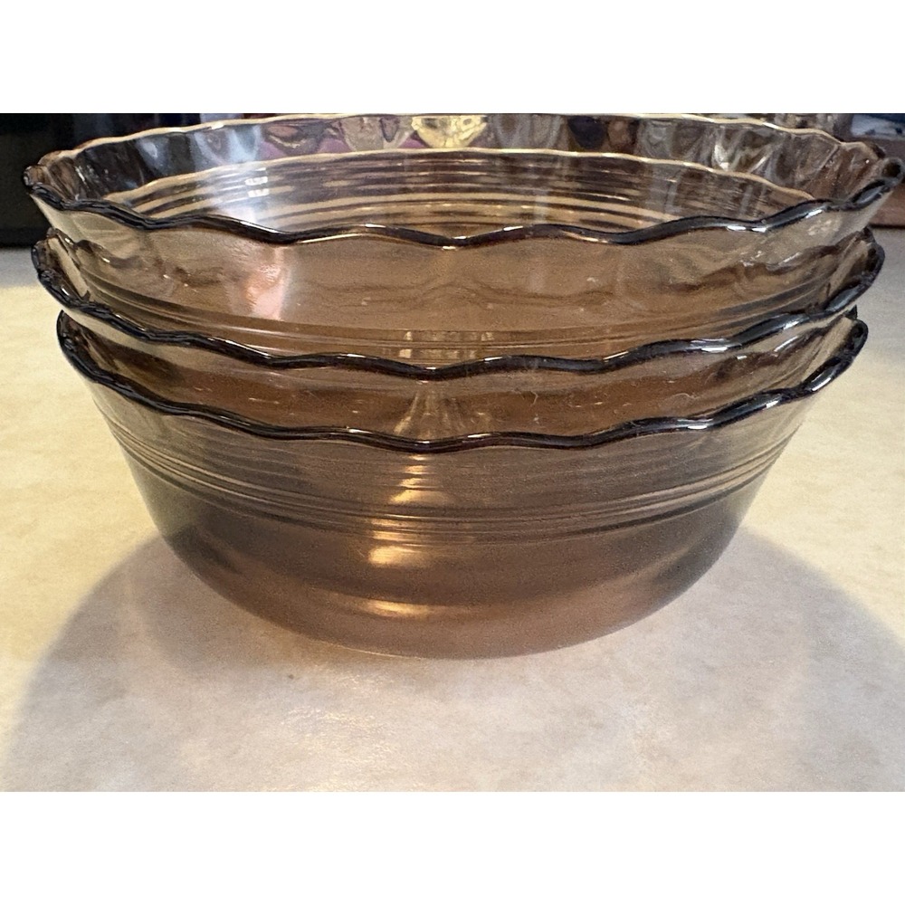 3 Vintage PYREX (caps) Amber Brown Scalloped Custard Cup Bowl 463 Corning USA